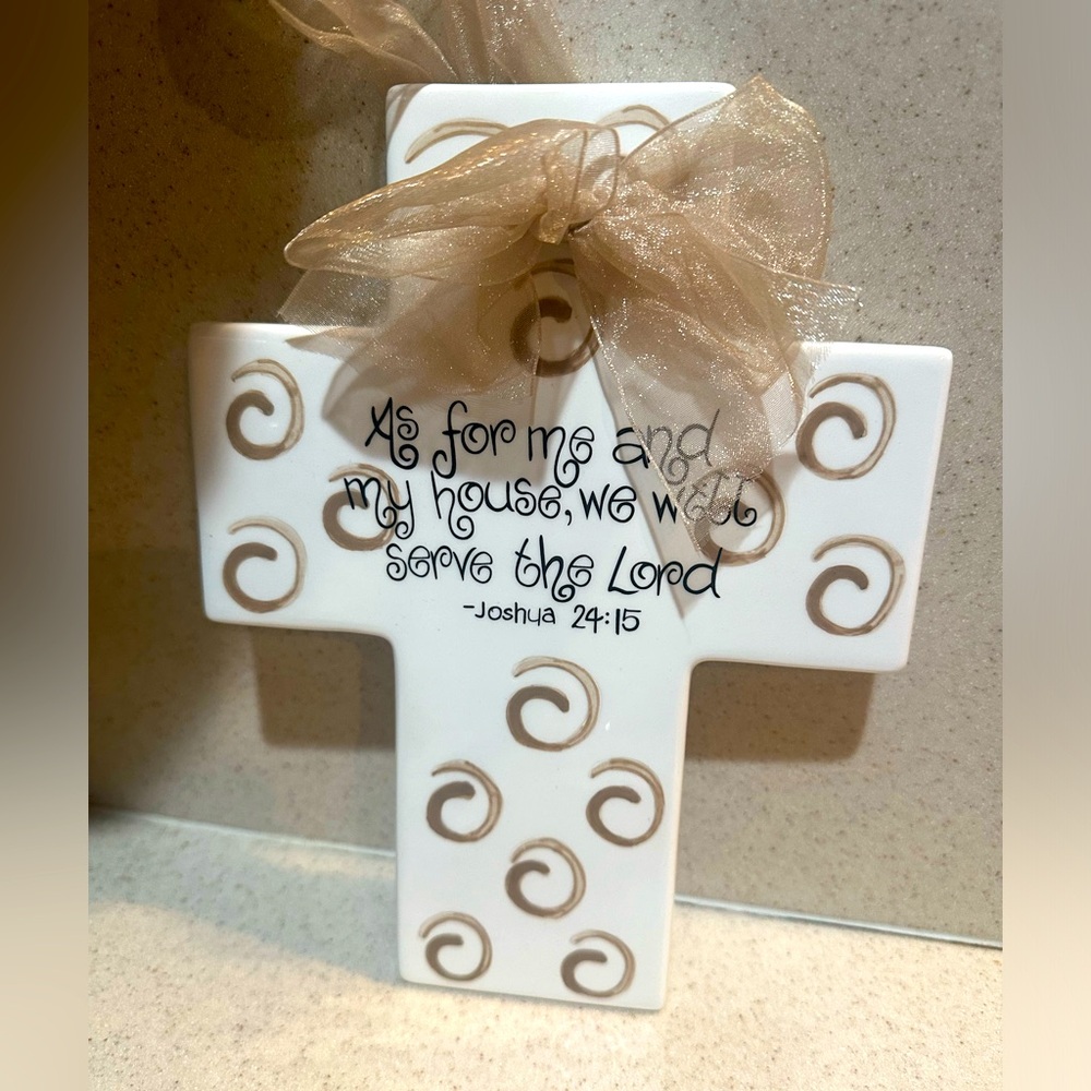 Sue Berk Designs ceramic painted Cross with Bible Verse. White gold accents